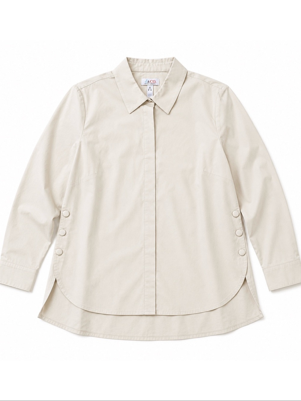 d&Co Beige Oversized Button Up Shirt Womens Lg Long Sleeve High Low Hem NWT Qvc